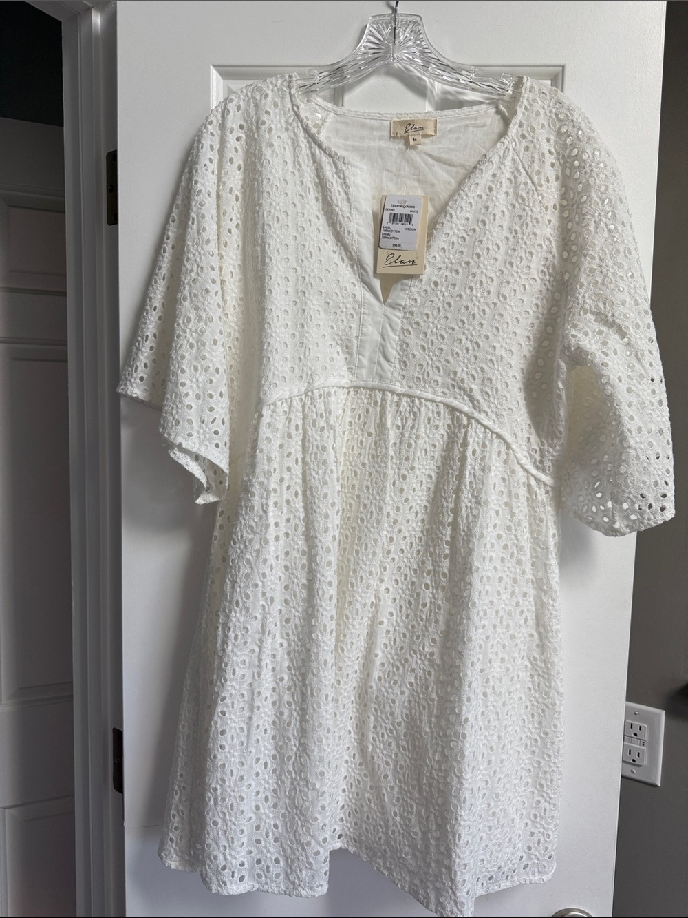 Elan Cotton Eyelet Mini Dress V Neck Flowy Boho Cottagecore Pullover White M NWT